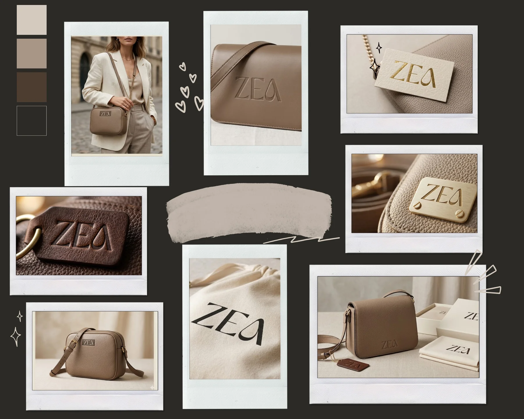 Collage of proposed ZEA bag, label and packaging applications